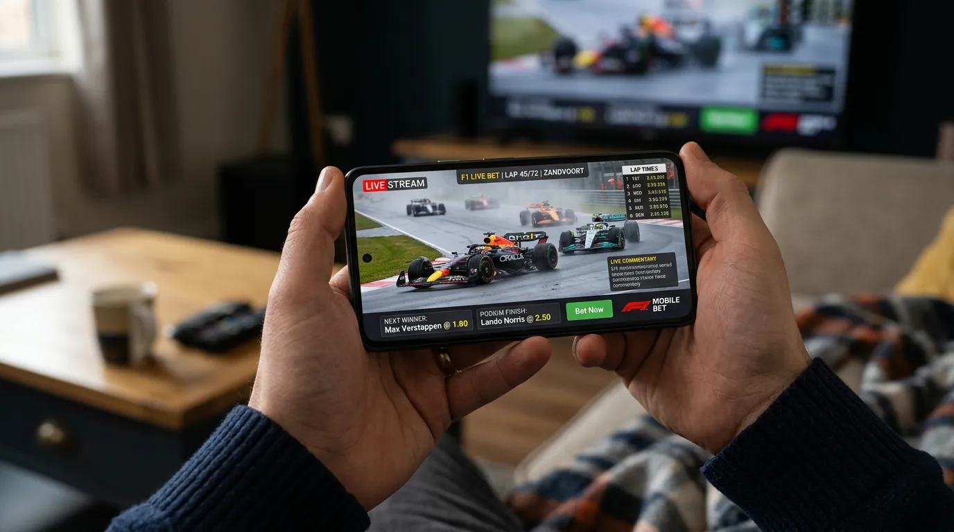 Hand met smartphone waarop een F1 race live wordt gevolgd