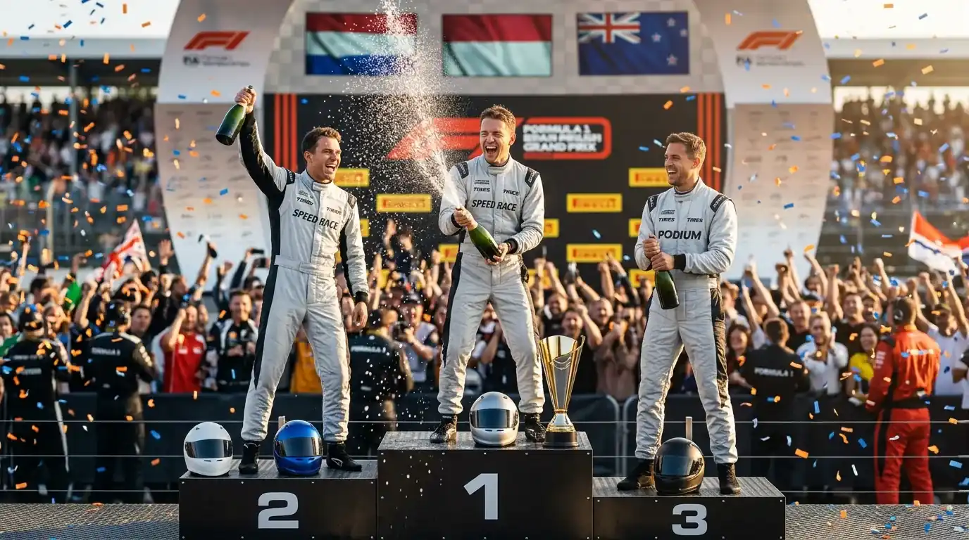 Formule 1 podiumceremonie met coureurs en champagne na race